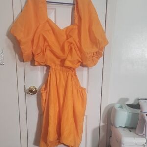 Vibrant Orange Dress with Puff Sleeves Bubble Dress With Side Cut Outs
